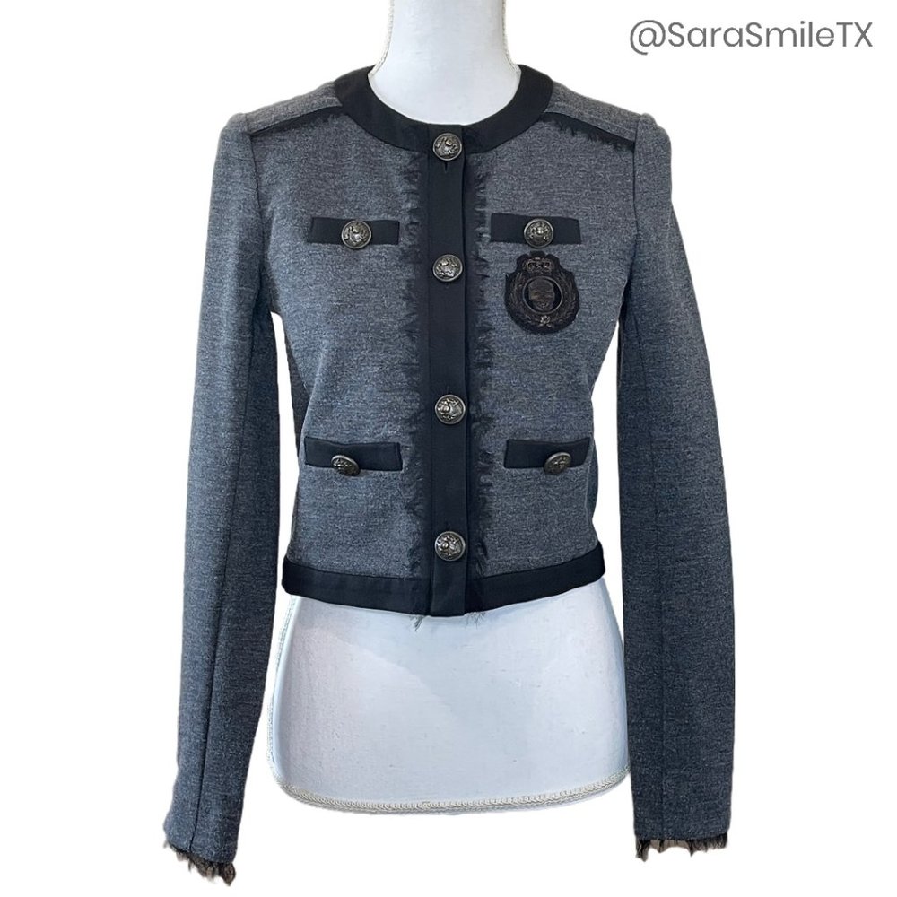 HAUTE HIPPIE Charcoal Gray Skull Crested Cropped Jacket - Picture 1 of 13